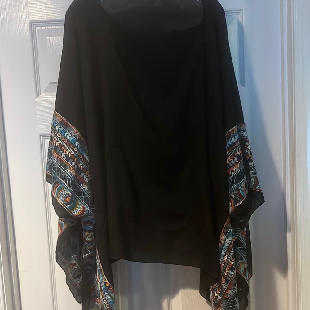 Black Poncho with Colorful Patterned Sleeves